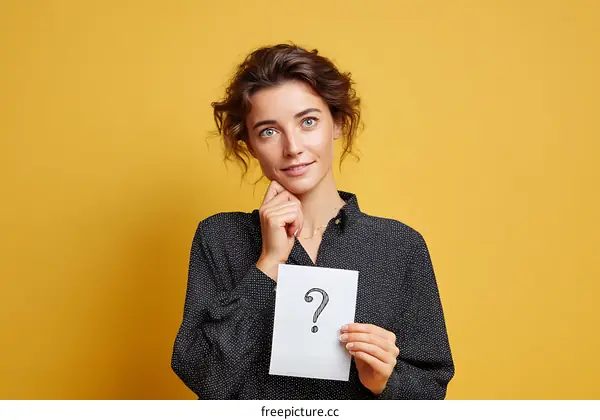 Thoughtful Caucasian Woman Holding Question Mark