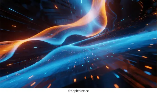Futuristic Blue and Orange Digital Wave with Flowing Lines