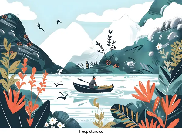 Peaceful Boat Ride Through Mountain Landscape Illustration