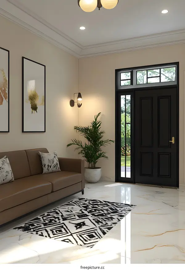 Modern Interior Design Foyer With Black Door and Geometric Rug