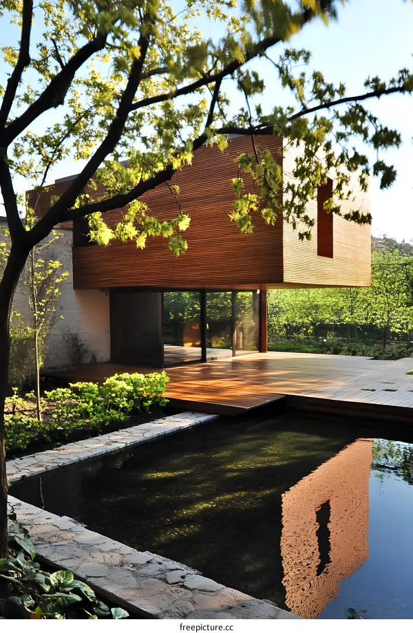 Modern Wooden House with Pond and Reflection