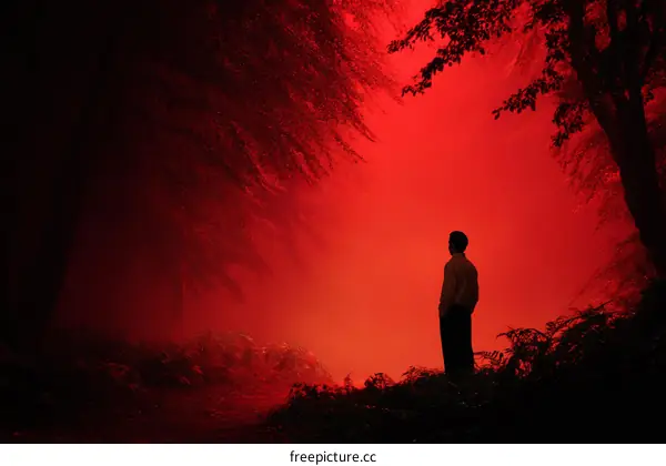 A solitary figure in a crimson forest