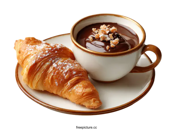 [Transparent Background PNG]Delicious Hot Chocolate and Croissant Breakfast Delight