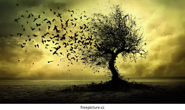 Black and White Silhouettes of Birds Flying Away From a Dead Tree