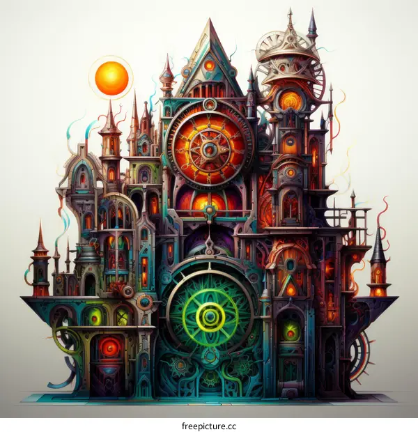 A digital painting of a steampunk city