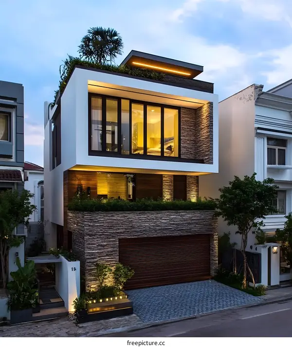 Modern Luxury Home With Stone Facade And Rooftop Garden