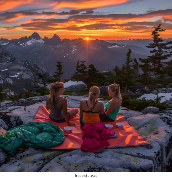 Three Friends Enjoying Sunset on Mountain Top