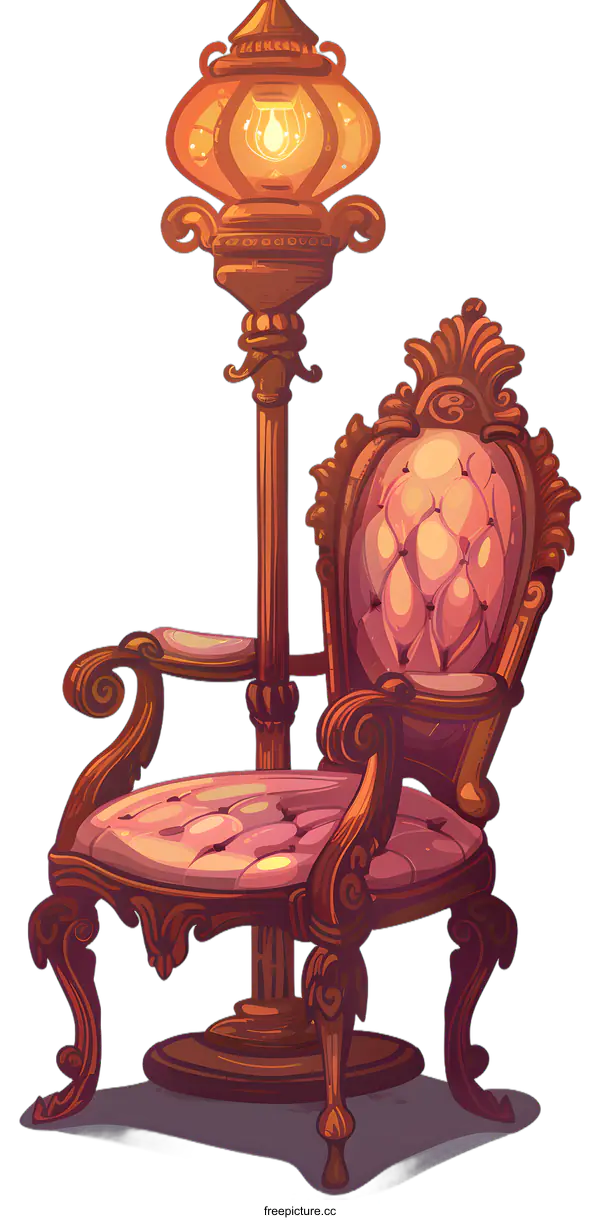 [Transparent Background PNG]Vintage Ornate Chair With Lamp Illustration