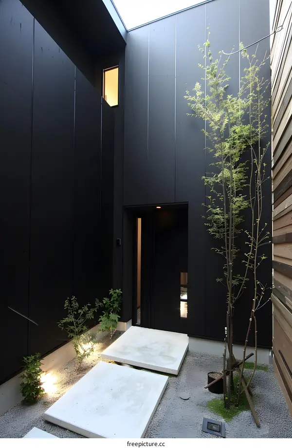 Modern Minimalist House Entrance with Concrete Steps and Small Garden