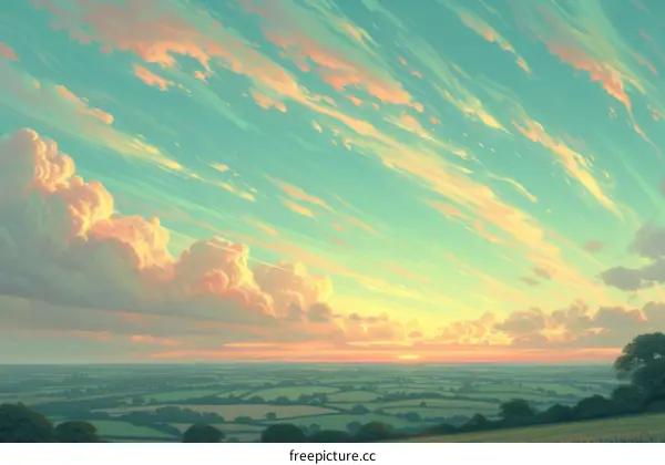 An illustration of a beautiful sunset over a vast landscape