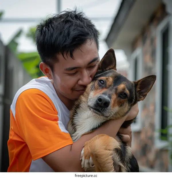 A man hugging a dog