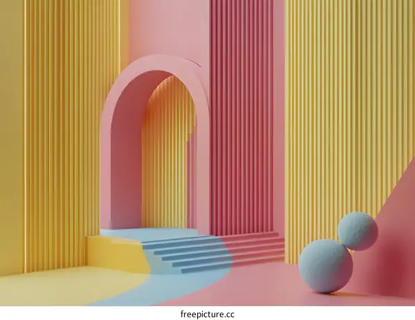 Abstract Colorful Archway with Stairs and Geometric Shapes