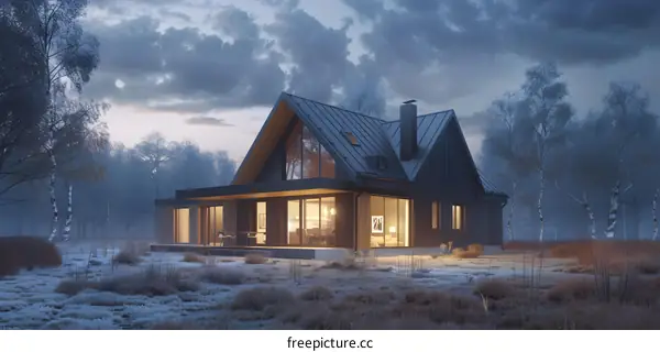 Modern Black House in a Snowy Forest