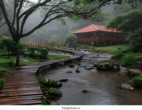 Tranquil Wooden Bridge over a Serene River