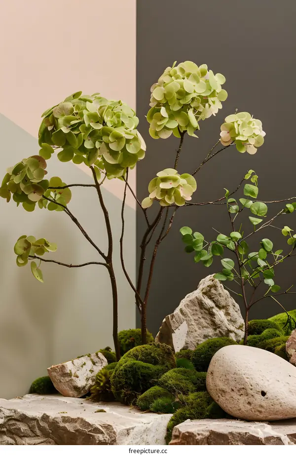 Green Plants with Rocks and Moss in a Minimalist Setting