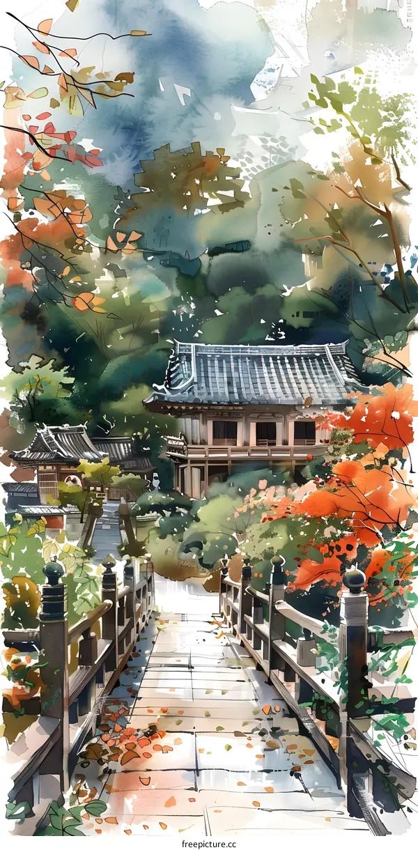 Watercolor Painting of a Traditional Japanese Garden