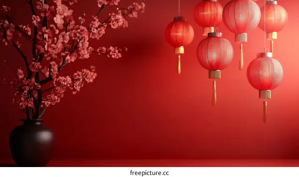 Chinese New Year Red Lanterns and Cherry Blossom Decor