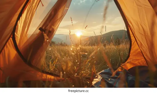 Looking out of a tent at sunrise