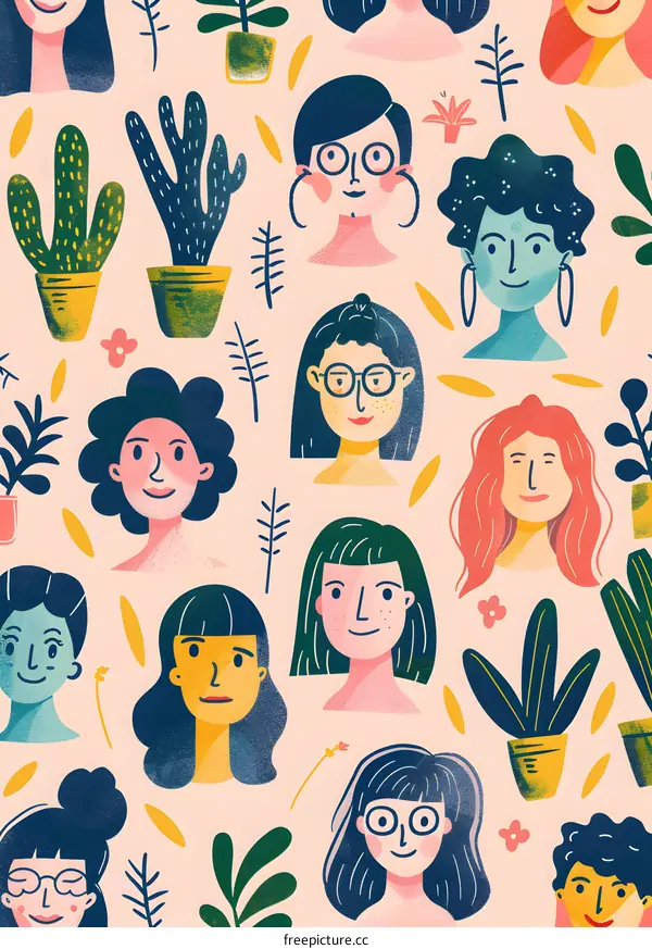 Cute Cartoon Illustration of Women with Plants Seamless Pattern