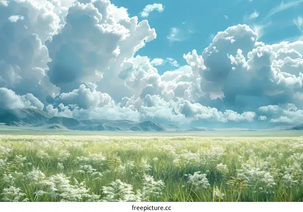 A field of flowers with mountains in the distance