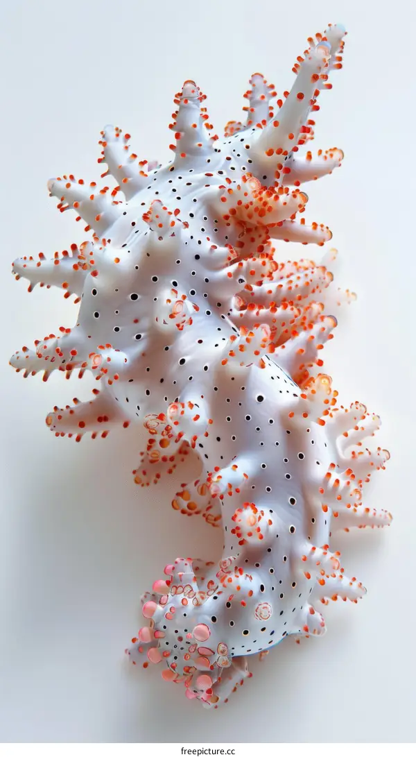 A translucent white and orange-dotted dendronotid nudibranch