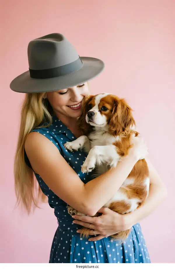 A woman wearing a hat holding a cute Cavalier King Charles Spaniel