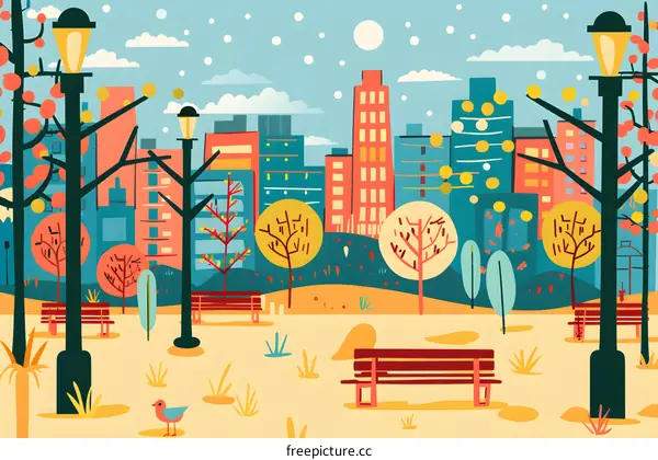 City Park Illustration With Colorful Trees And Benches