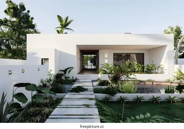 Modern Minimalist House with Lush Greenery and a Small Pond in the Backyard