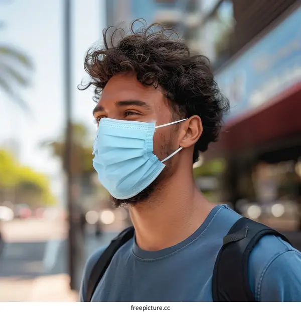 A young man wearing a surgical mask