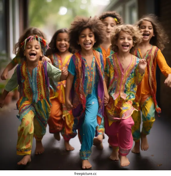 A group of six barefoot children of African descent are running down a city street. They are all wearing colorful clothing.