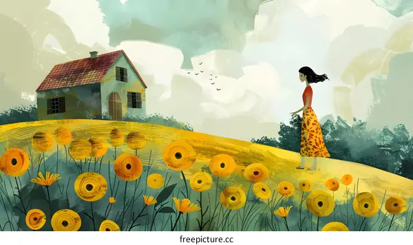 A girl is standing on a hillside, looking into the distance