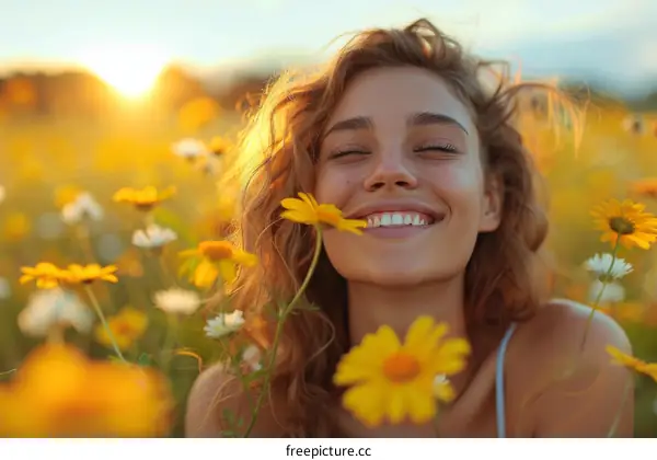 portrait of a beautiful young woman in a field of flowers