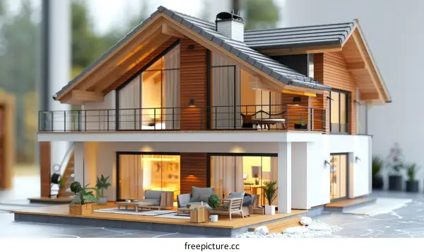 3D rendering of a beautiful modern house with a pitched roof