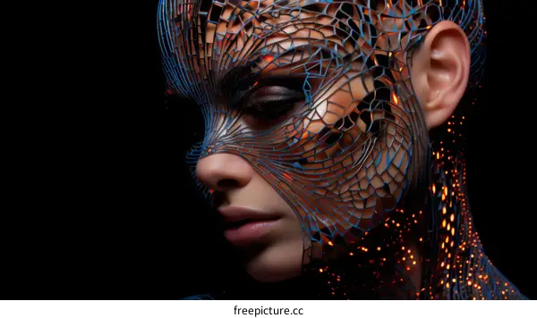 A woman's face with a glowing blue mask