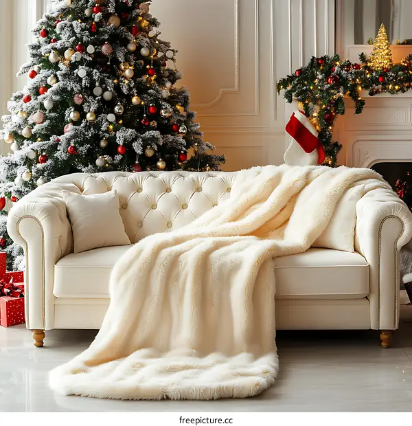 Christmas Interior with Cozy Faux Fur Throw