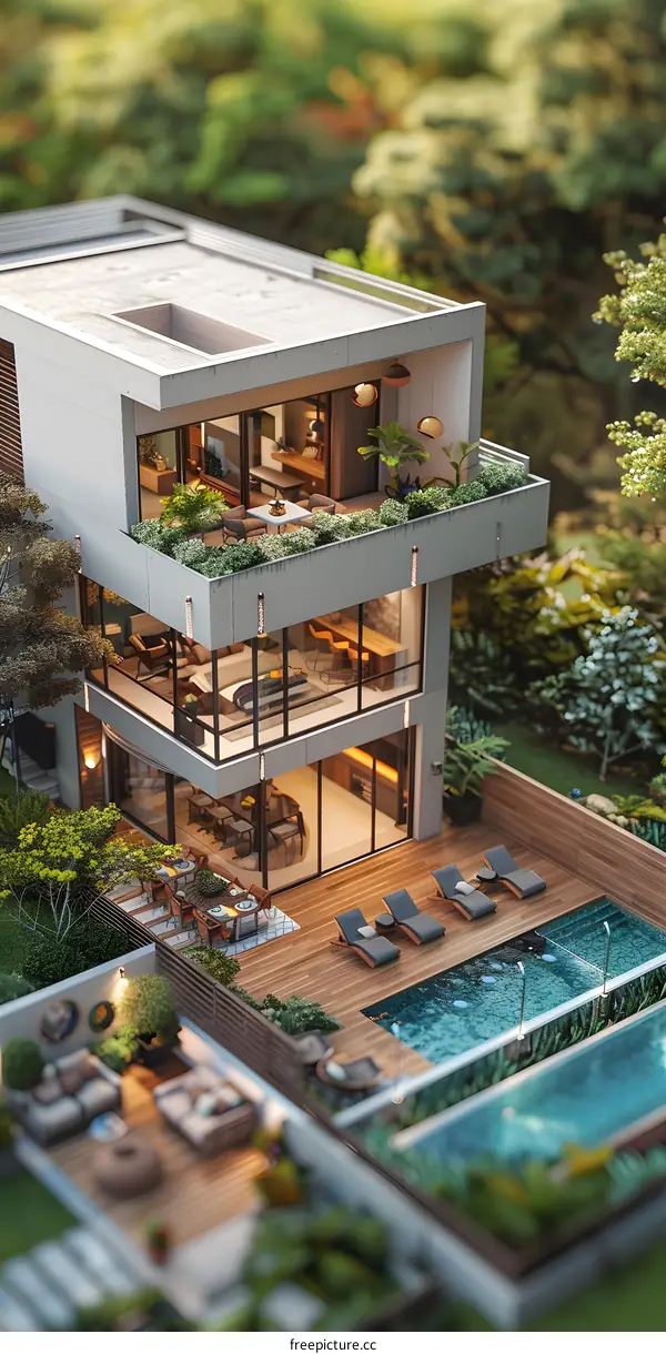 A modern home made of glass and concrete in a tropical rainforest