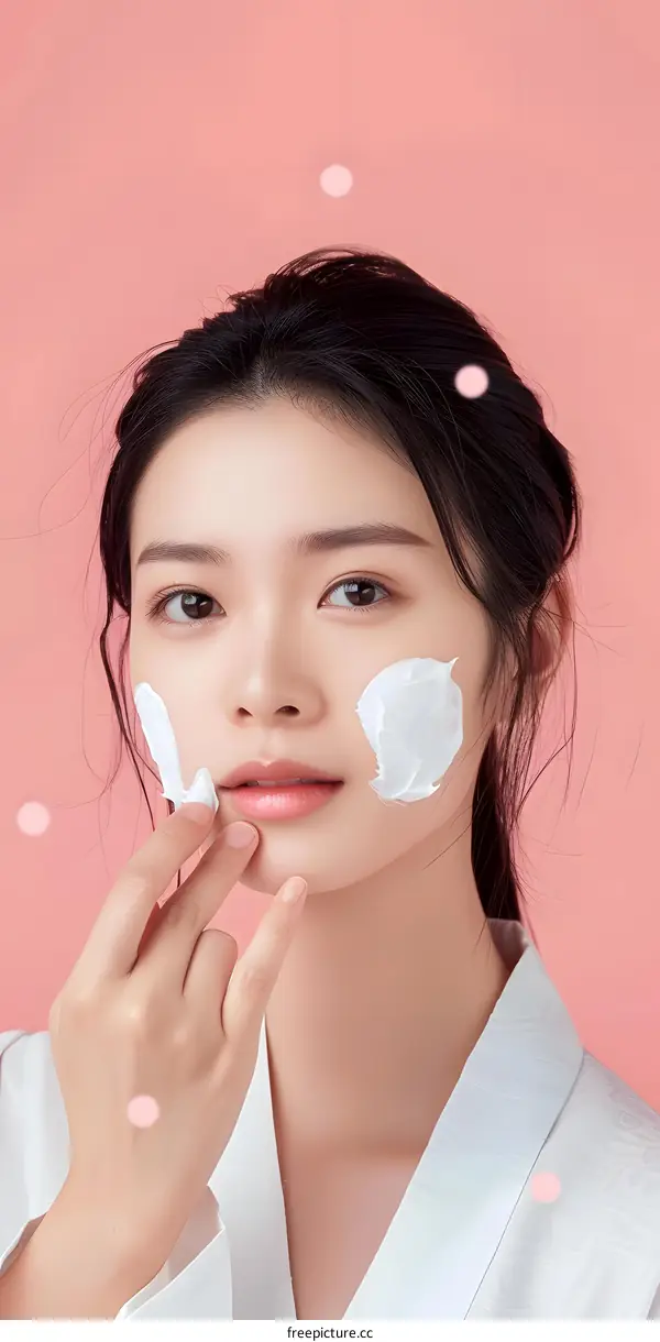 Asian Woman Applying Face Cream On Her Face