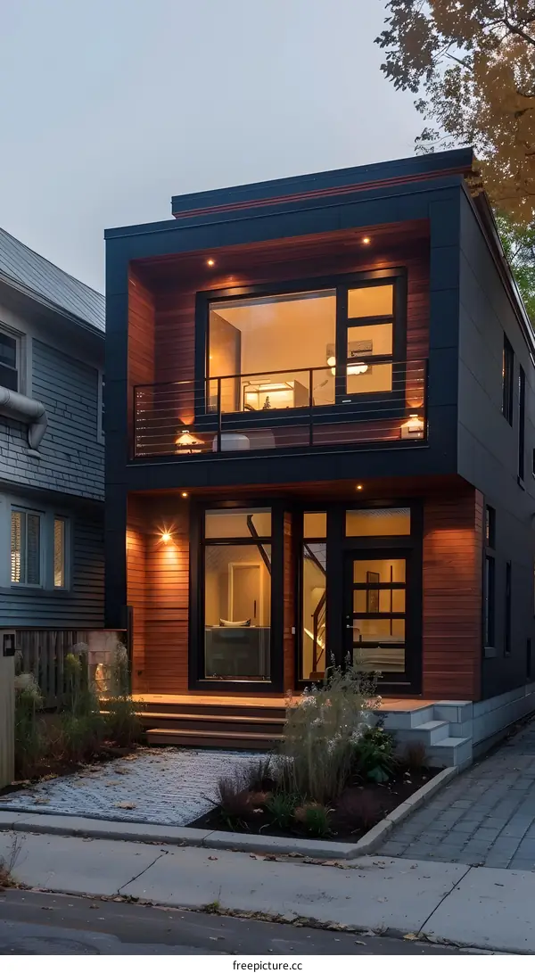 Modern Home with Wooden Facade and Balcony