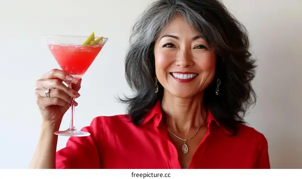 Smiling Asian Woman Holding a Cocktail