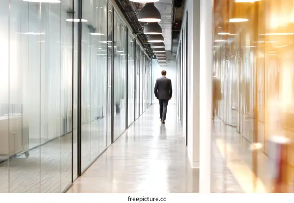 Modern Business Office Corridor with a Businessman Walking