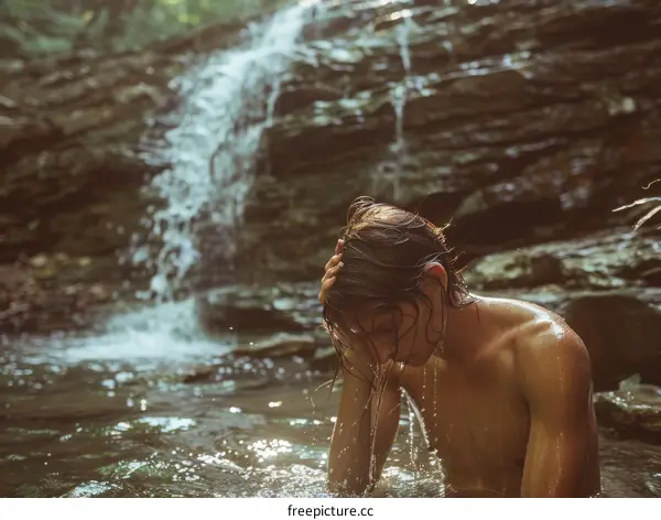 shirtless man with long brown hair washing his hair in the river with waterfall in the background