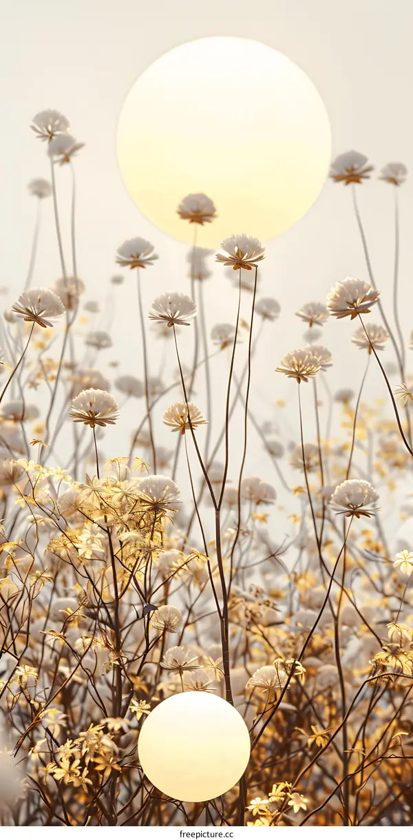 White Flowers in a Field With Two Bright Yellow Spheres in the Background