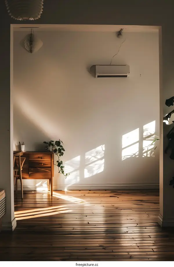 Sunlight Streaming Through Windows in a Room with a Wooden Floor