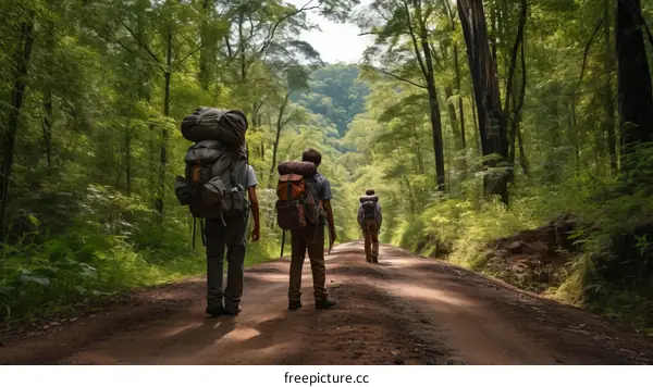 Three people hiking in the woods