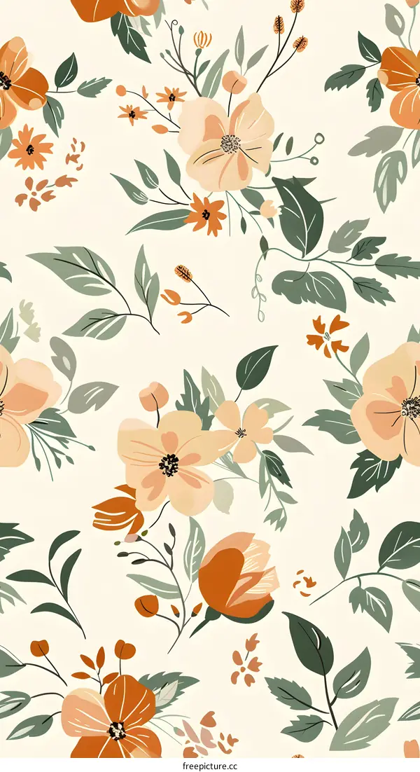 Vintage floral pattern with hand drawn flowers and leaves