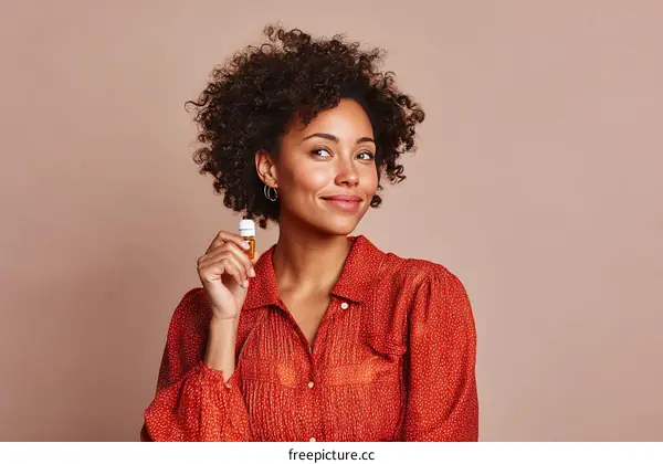 Woman Holding a Small Bottle of Essences Against a Beige Background