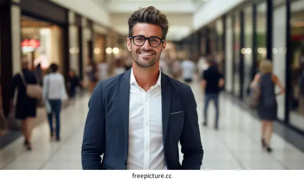 Portrait of a smiling young businessman in glasses standing in a shopping mall