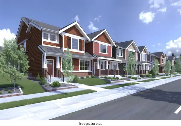 Colorful suburban townhouses with blue sky