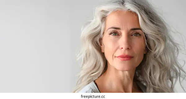 portrait of a beautiful middle aged woman with gray hair