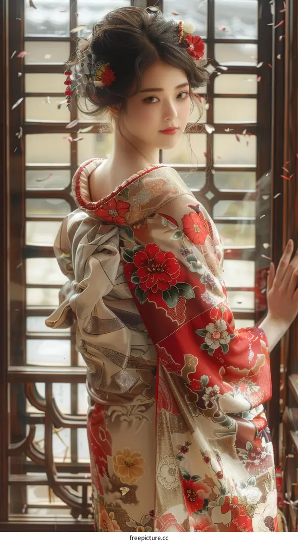 A woman wearing a kimono stands in front of a wooden door.